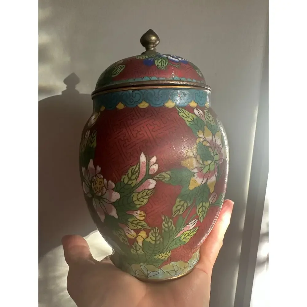 Vintage Chinese Cloisonné Enamel Ginger Jar Flowers  8” rust blue turquoise